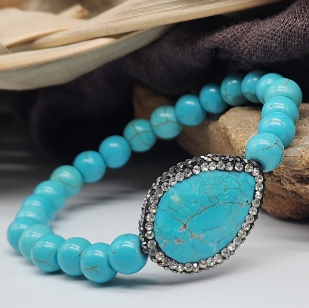 Large Natural Turquoise Stone Crystals Natural Beaded Stretchy Bracelet